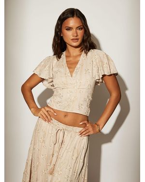 South Beach Printed Metallic Frill Wrap Top - Natural