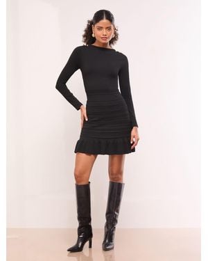 Lipsy Boat Neck Scallop Detail Long Sleeve Knit Mini Dress - Black