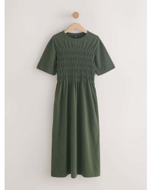 Next Short Sleeve Shirred Body T-Shirt Midi Dress - Green