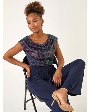 Roman Sequin Bodice Cowl Neck Jumpsuit - Blue