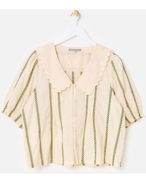 Oliver Bonas Embroidered Striped Scalloped Collar Blouse - Natural