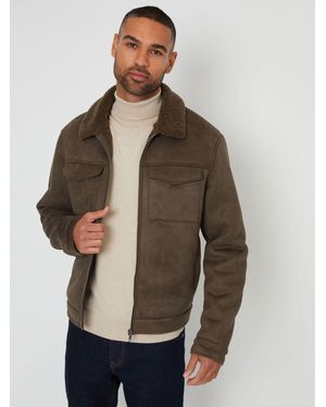 Threadbare Faux Suede Borg Lined Aviator Jacket - Green