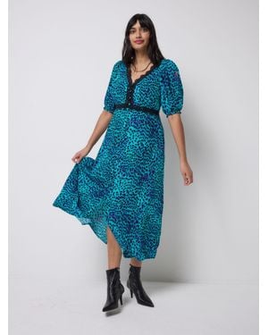 Scamp & Dude Cheetah Lace Trim Puff Sleeve Midi Tea Dress - Blue
