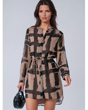 Religion Tory Button Through Kaftan Dress With Tie Waist Belt And Frill Detailing - Gray