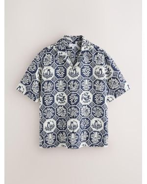 Next Relaxed Fit Jaquard Print Revere Collar Short Sleeve Shirt - Blue
