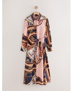 Next Scarf Print Long Sleeve Tie Waist Midi Shirt Dress - Pink