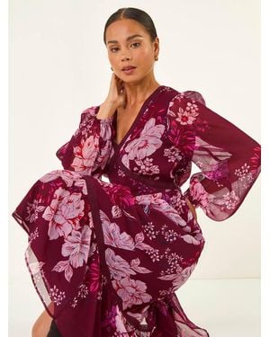 Roman Petite Floral Print Trim Midi Dress - Red