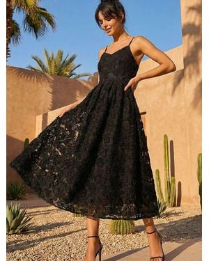 Roman Floral V-Neck Strap Midi Dress - Black