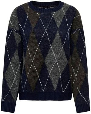 ONLY Argyle Crew Neck Pullover Sweater - Blue