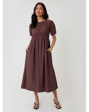 Threadbare Ruched Drawstring Puff Sleeve Midi Dress - Purple