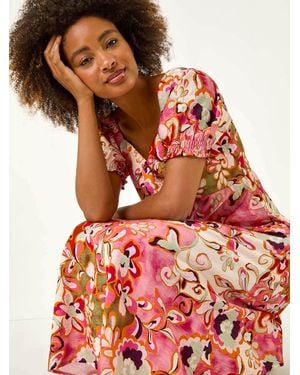 Roman Floral Print Tie Front Midi Dress - Red