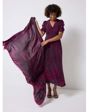 Scamp & Dude Short Blouson Sleeve Midi Tea Leopard Ray Dress - Purple