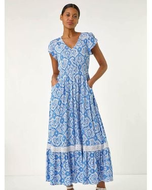 Roman Tile Print Shirred Waist Midi Dress - Blue