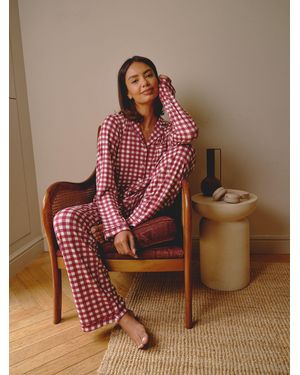 Loungeable Gingham Jersey Traditional Pajamas Set - Brown