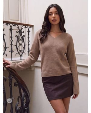 Threadbare Light Deep Rib V-Neck Jumper - Brown