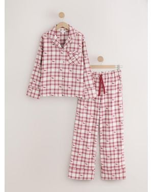 Next Cream Check Flannel Button Through Pyjamas - Pink