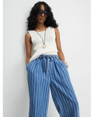 River Island Mid Rise Stripe Wide Leg Paperbag Jeans - Blue