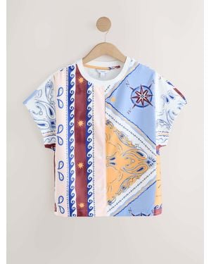 Next Nautical Print Short Sleeve Keyhole Crew Neck Top - Blue