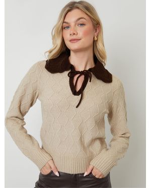 ANOTHER SUNDAY Cable Knit Contrast Collar Bow Detail Sweater - Natural