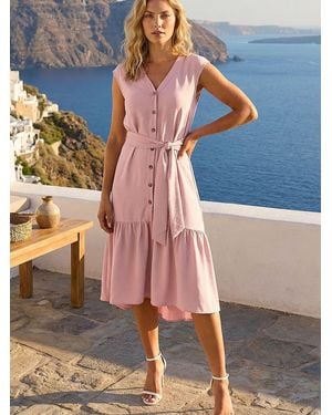 Roman V-Neck Buttoned Tie Waist Midi Dress - Blue