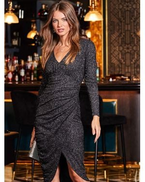 Sosandar Metallic V-Neck Ruched Bodycon Dress - Black