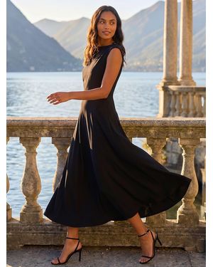 Roman High Neck Pleated Midi Dress - Black