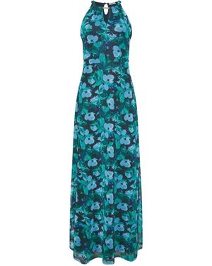 M Com Printed Mesh Halter Maxi Dress - Blue