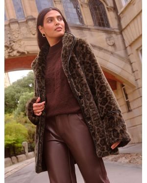 Love & Roses Petite Leopard Print Faux Fur Coat - Brown