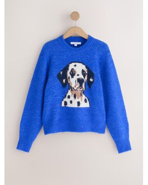 Next Cobalt Dog Graphic Long Sleeve Crew Neck Knitted Jumper With Wool - Blue