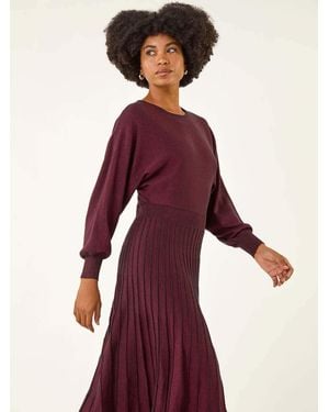 Roman Shimmer Pleated Knit Midi Dress - Red