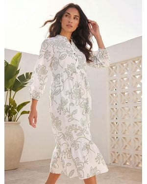 Roman Floral Puff Print Buttoned Midi Dress - Natural
