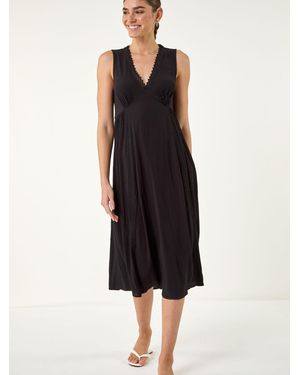 Roman Lace Trim V-Neck Midi Dress - Black