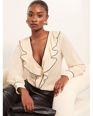 Lipsy Tipped V-Neck Ruffle Long Sleeve Blouse - Natural