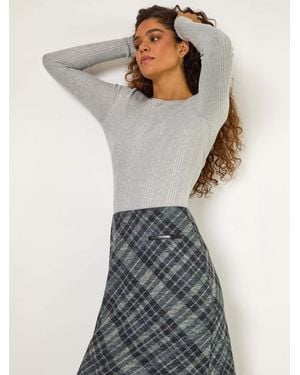 Roman Elastic Waist Check Print Pocket Pencil Skirt - Gray