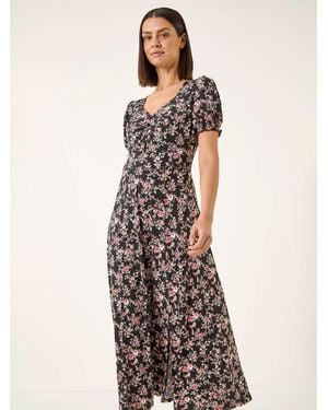 Roman Rose Print Ruched Midi Dress - Black