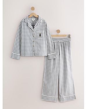 Next Monochrome Gingham Matching Family Christmas Flannel Button Through Pyjamas - Grey