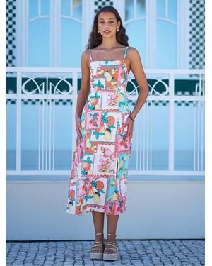 Yumi' Fruit Print Ruched Back Midi Sun Dress - Blue