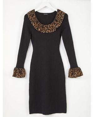 Roman Leopard Frill Knit Midi Dress - Black