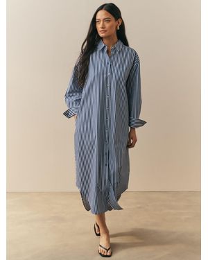 Nothing Ordinary Stripe 100% Cotton Poplin Midi Shirt Dress - Blue