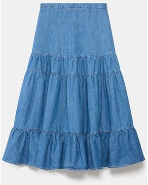 Mint Velvet Tiered Denim Midi 100% Cotton Skirt - Blue