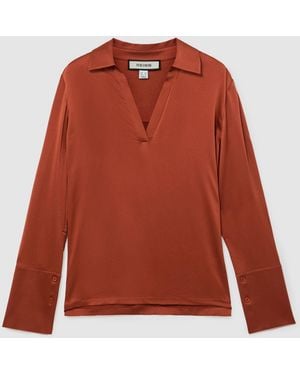 Reiss Rust Marina Silk Open-Collar Blouse - Red