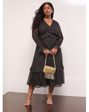 Lipsy Curve Metallic Spot V-Neck Ruffle Midi Dress - Black
