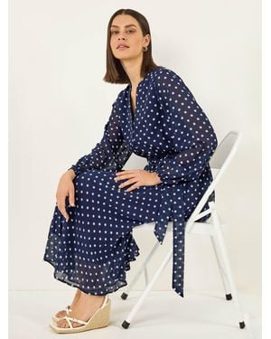 Roman Spot Print Pleated Midi Dress - Blue