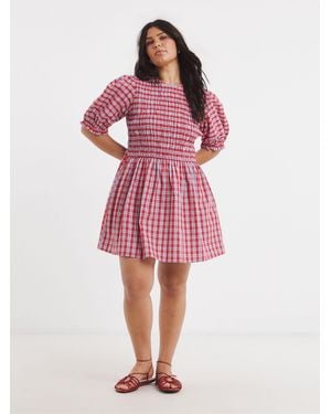 Simply Be Shirred Check Smock Dress - Pink