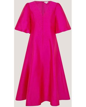 Monsoon Beatrice V-Neck Puff Short Sleeve A Line Midi Dress - Pink
