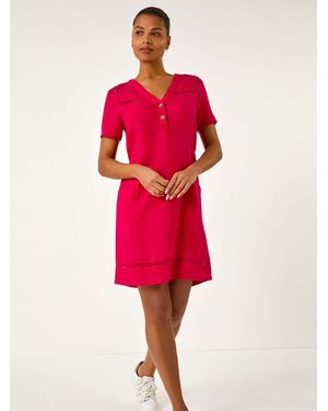 Roman Linen Mix Button Shift Dress - Red