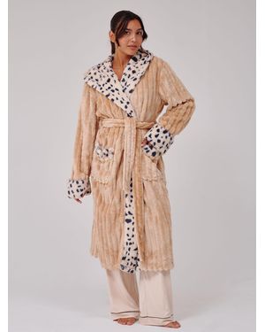 Loungeable Leopard Faux Fur Trim Luxury Ridge Fleece Midi Hooded Dressing Gown - Brown