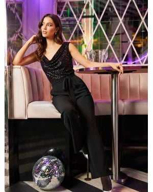 Roman Sequin Bodice Cowl Neck Jumpsuit - Black