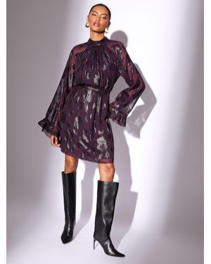 Lipsy Long Sleeve High Neck Waisted Mini Dress - Purple