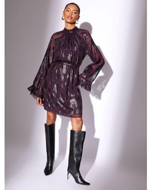 Lipsy Print Long Sleeve High Neck Waisted Mini Dress - Purple
